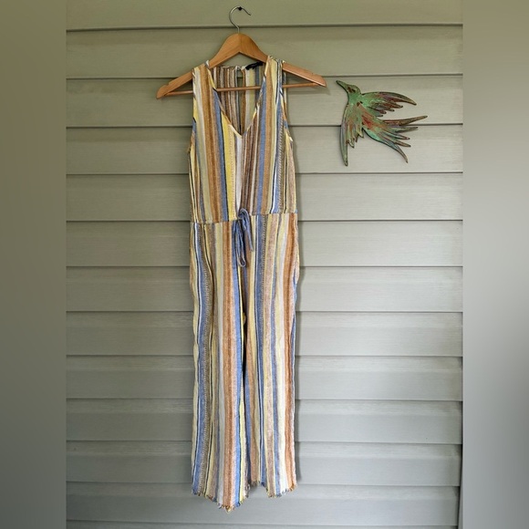 DREW striped linen rayon jumpsuit summer vacation Anthropologie sz XS cropped - Picture 16 of 16